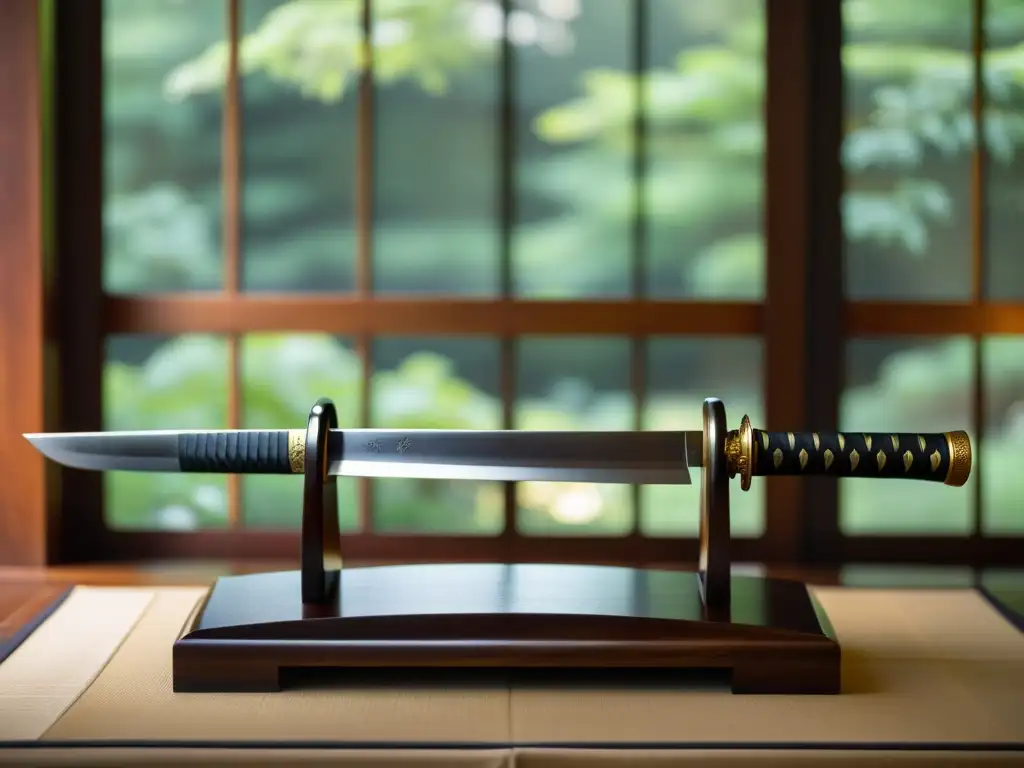 Una katana japonesa descansa en un soporte de madera pulida, revelando su detallada hoja y guardamanos, bañada por la suave luz natural