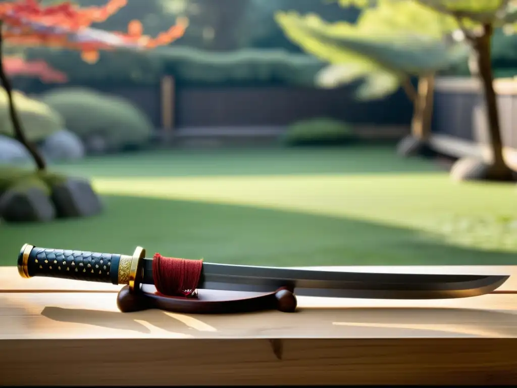 Una katana japonesa reposa sobre un soporte de madera pulida, con la luz suave resaltando su hoja de acero