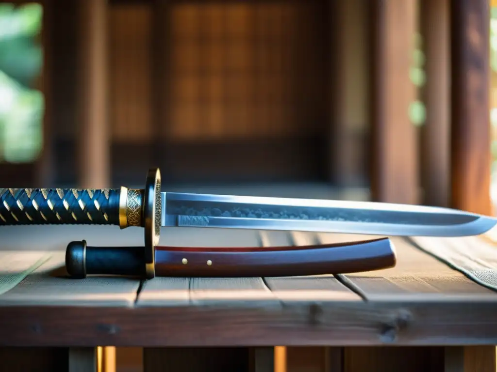 Una katana japonesa descansa sobre un soporte de madera envejecida, evocando la esencia del bushido y las artes marciales