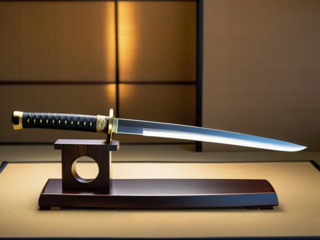 Una katana japonesa descansa sobre un soporte de madera, bañada por la luz a través de un shoji