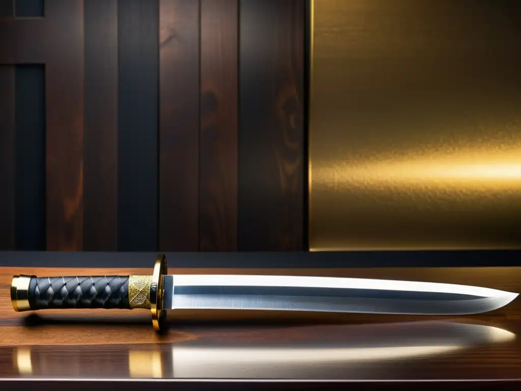 Una katana japonesa descansa sobre un soporte de madera, con una hoja pulida y un tsukaito negro y dorado