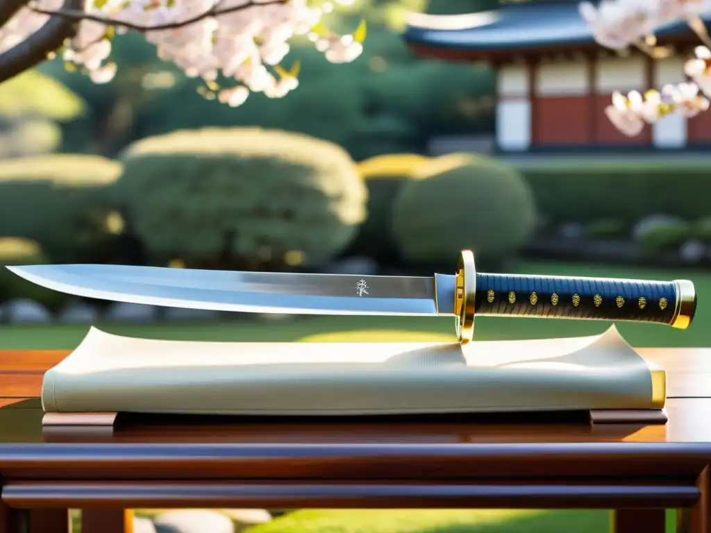 Una katana japonesa descansa sobre un soporte de madera, con reflejos de luz en la hoja