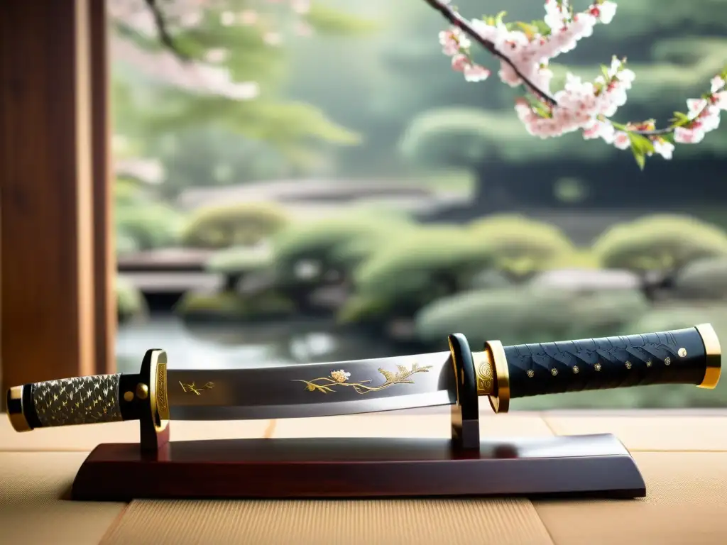 Una katana japonesa descansa en un soporte de madera, con la hoja brillando en la suave luz