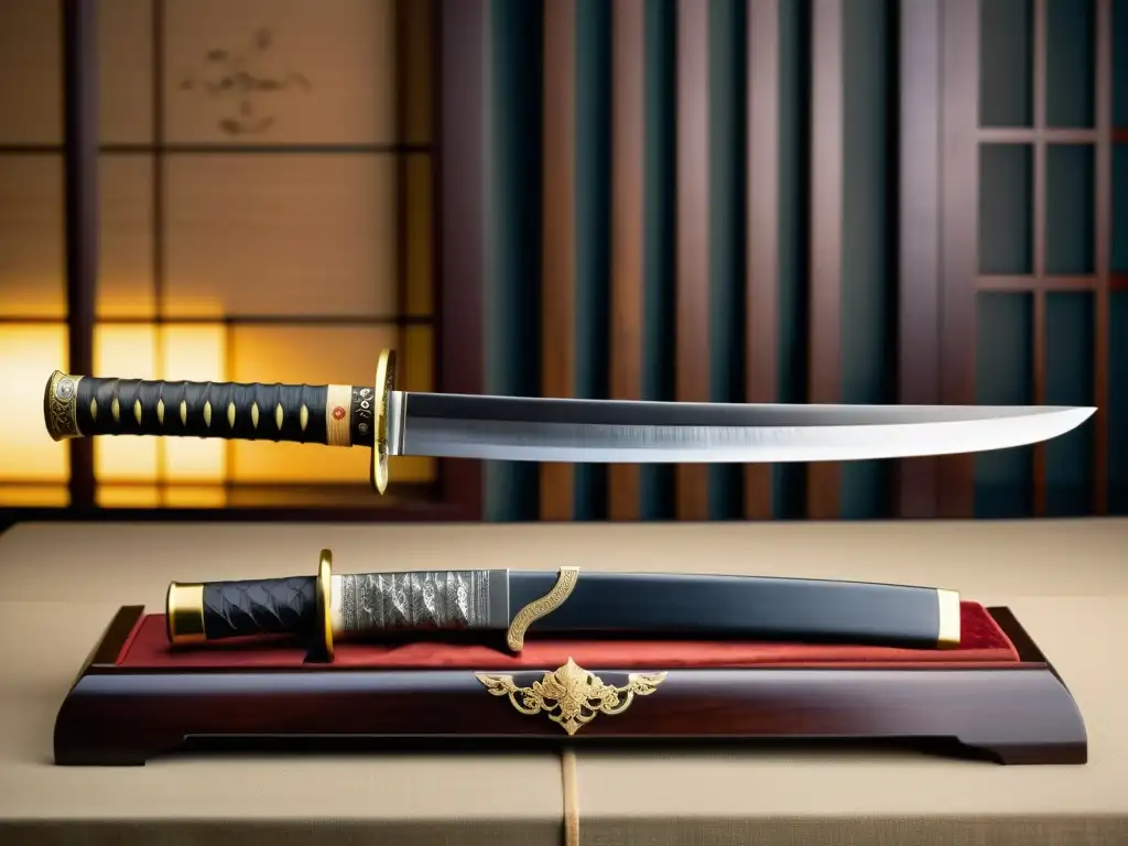 Una katana japonesa reposa sobre un soporte de madera, con engravings detallados y un fondo tradicional japonés