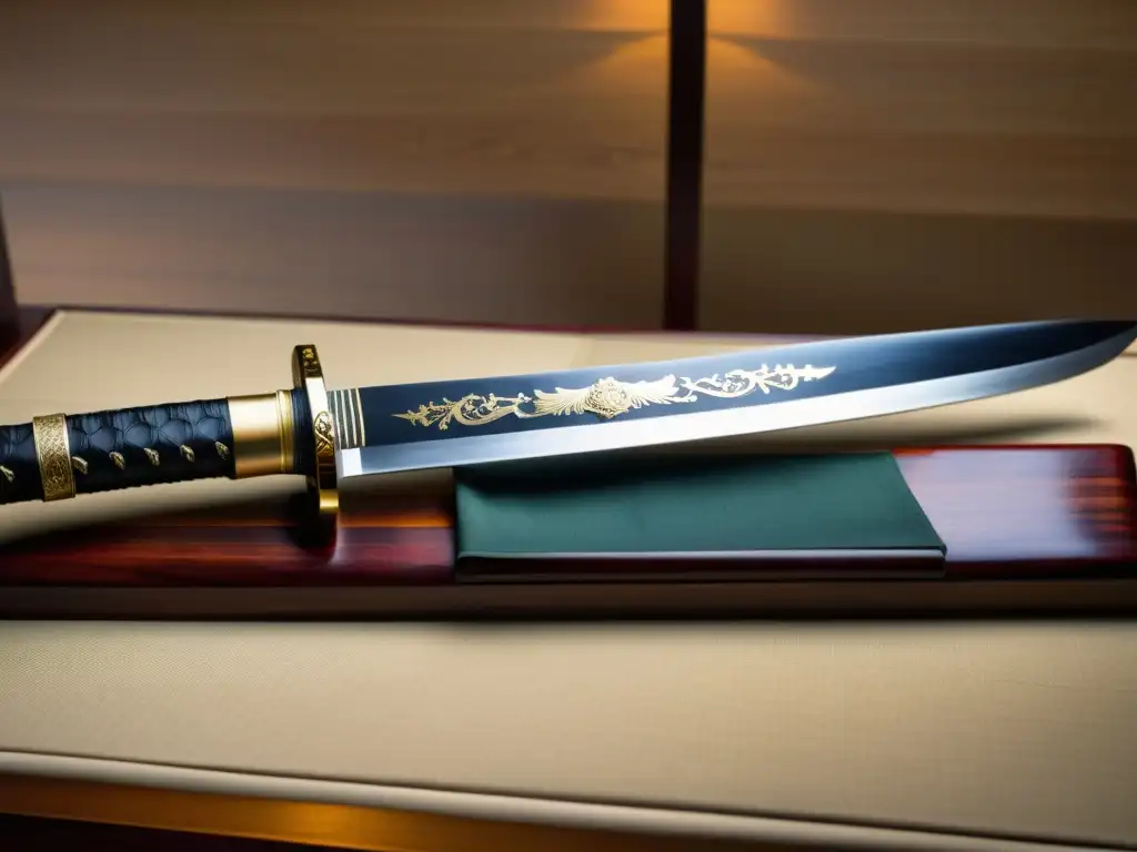 Una katana japonesa reposa sobre un soporte de madera pulida, con intrincadas tallas y un reflejo tenue de la hoja en la superficie