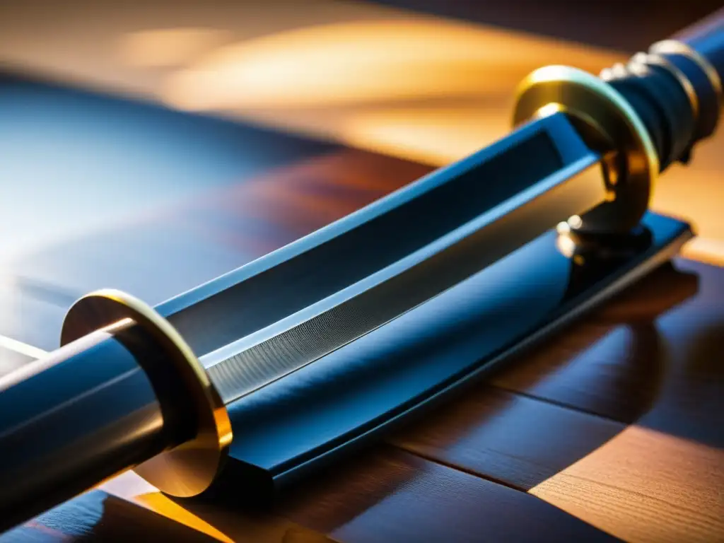 Katana japonesa de alta calidad en soporte de madera Una katana japonesa descansa sobre un soporte de madera, iluminada por una luz suave