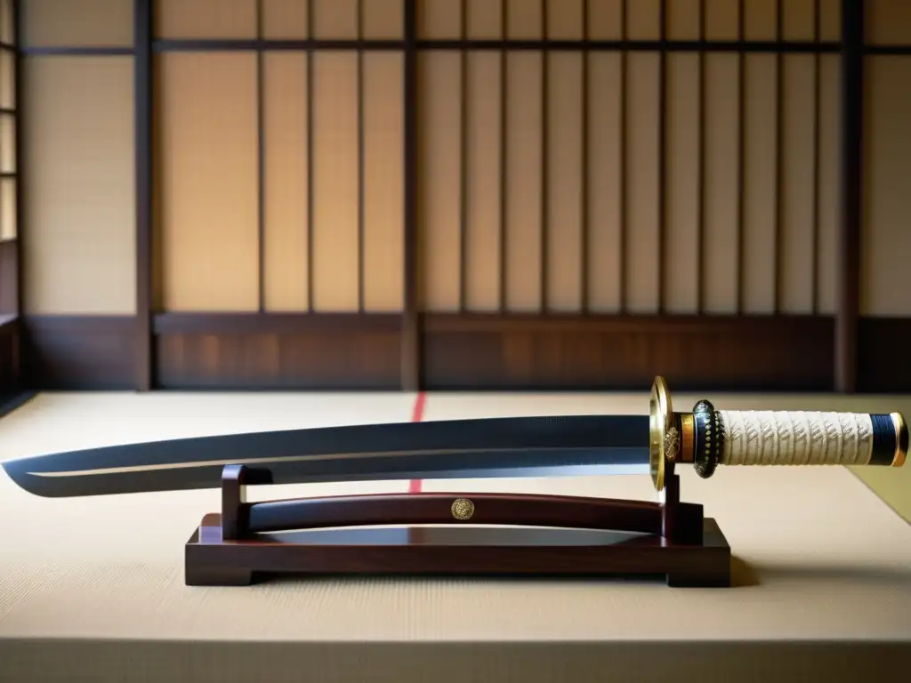 Una katana japonesa descansa sobre un soporte de madera, con intrincados detalles