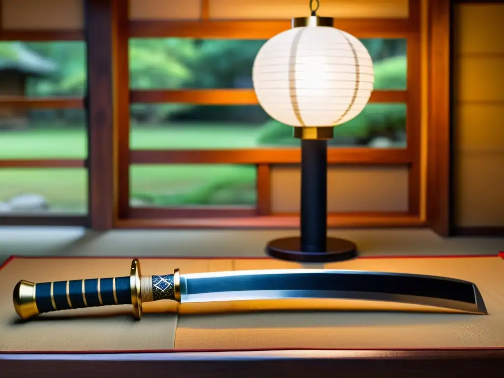 Una katana japonesa descansa sobre un soporte de madera, con detalles intrincados visibles en la empuñadura y la hoja