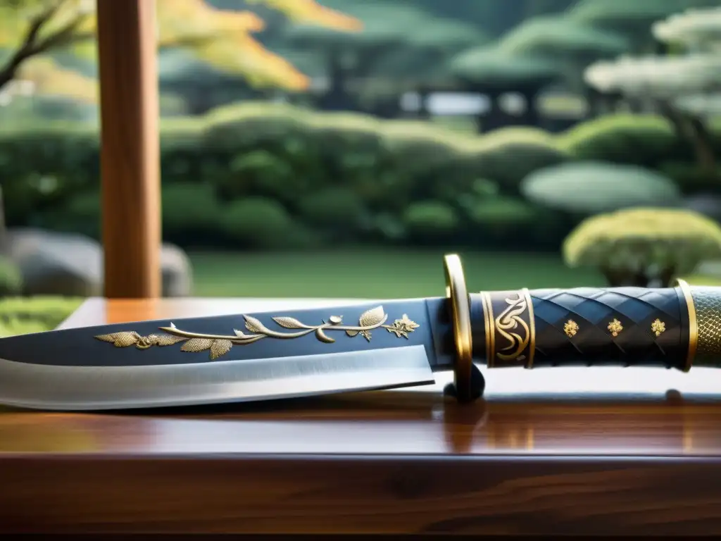 Una katana japonesa descansa sobre un soporte de madera, con el filo brillando y detalles ornamentales