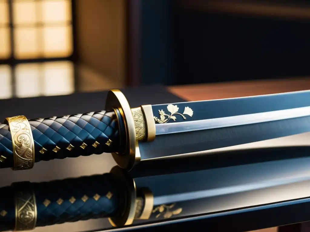 Una katana japonesa descansa majestuosamente en un soporte negro, exudando elegancia atemporal y reverencia por el arte de las espadas samuráis