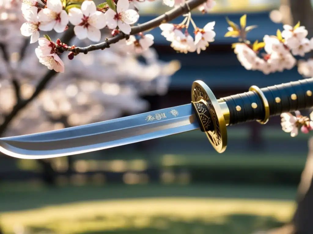 Una katana japonesa tradicional se destaca entre los cerezos en flor, bañada por una cálida luz, evocando la historia y la cultura de los samuráis