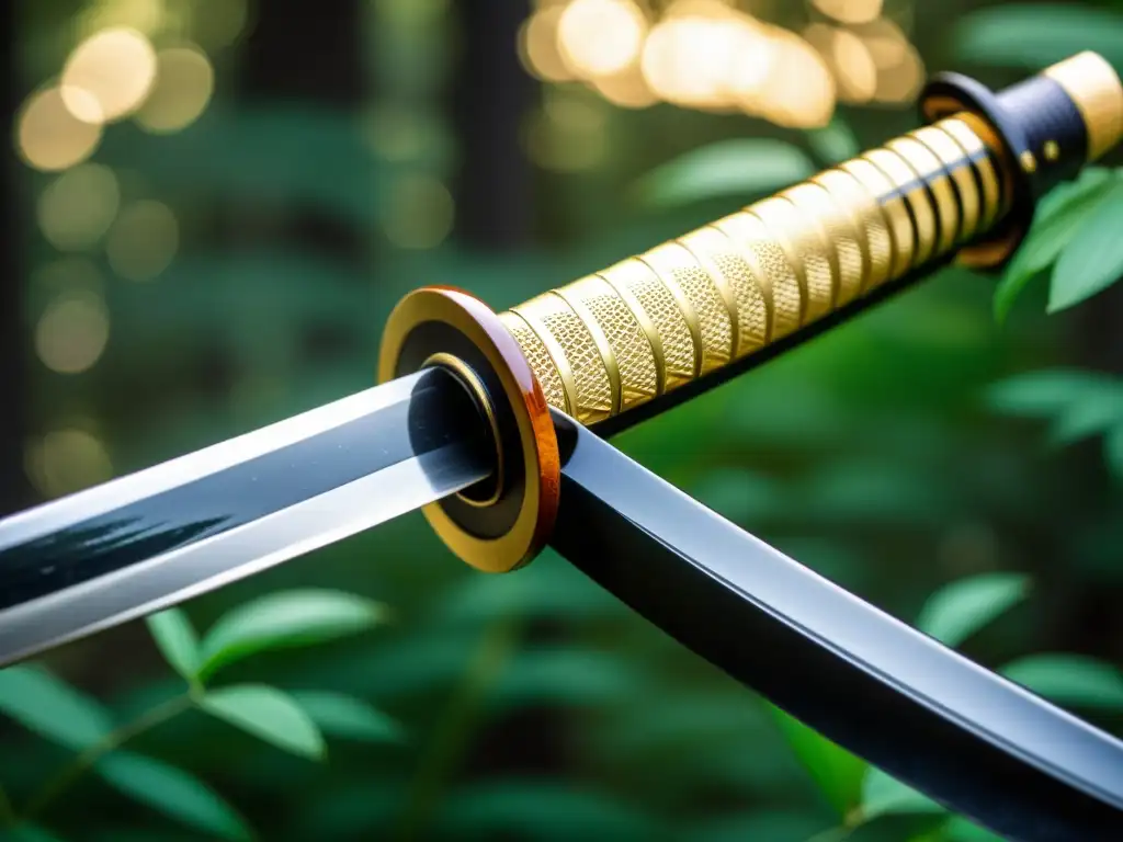 Una katana japonesa tradicional, bellamente decorada, brilla en el bosque de bambú, evocando tácticas de combate samurái legendarias