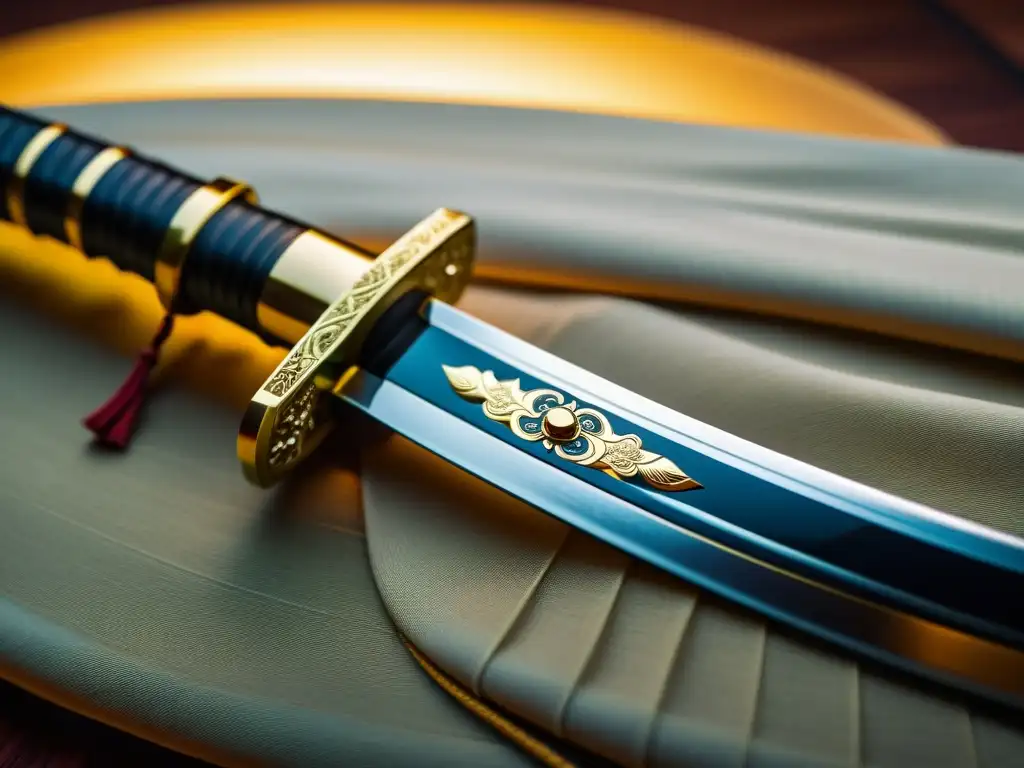 Una katana japonesa tradicional, con detalles exquisitos en el mango y la hoja reflejando la luz