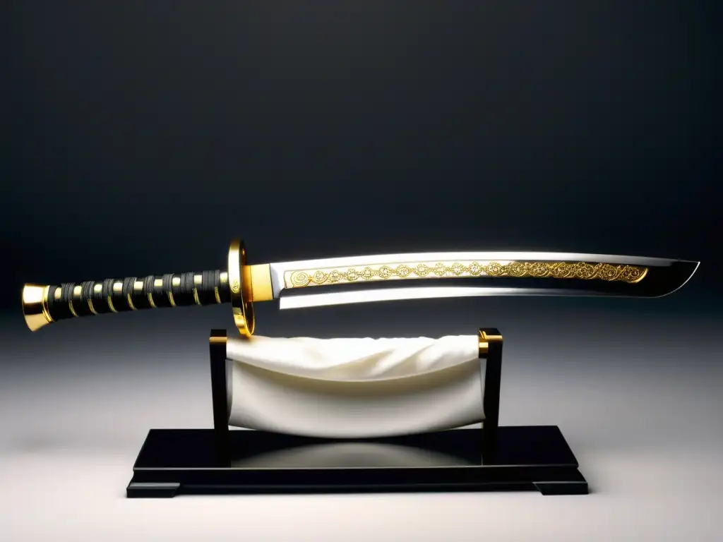 Katana japonesa de lujo: detallada artesanía en acero plegado Una katana japonesa tradicional con detalles dorados y plateados en un soporte negro