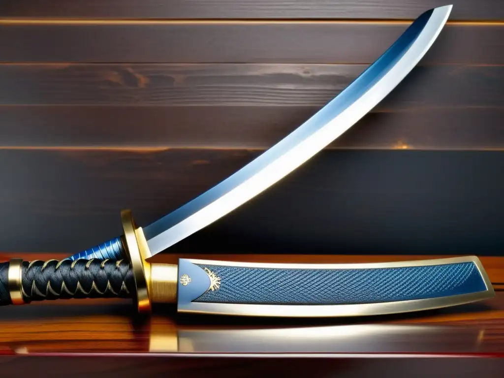 Una katana japonesa tradicional con detalles impresionantes y una atmósfera de reverencia, desmitificando malentendidos comunes sobre Bushido