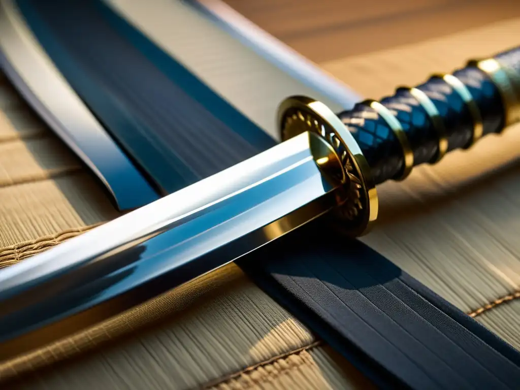 Una katana japonesa tradicional con detalles exquisitos, reflejando la luz suave del dojo y la práctica de un samurái, principios del Bushido Samurai