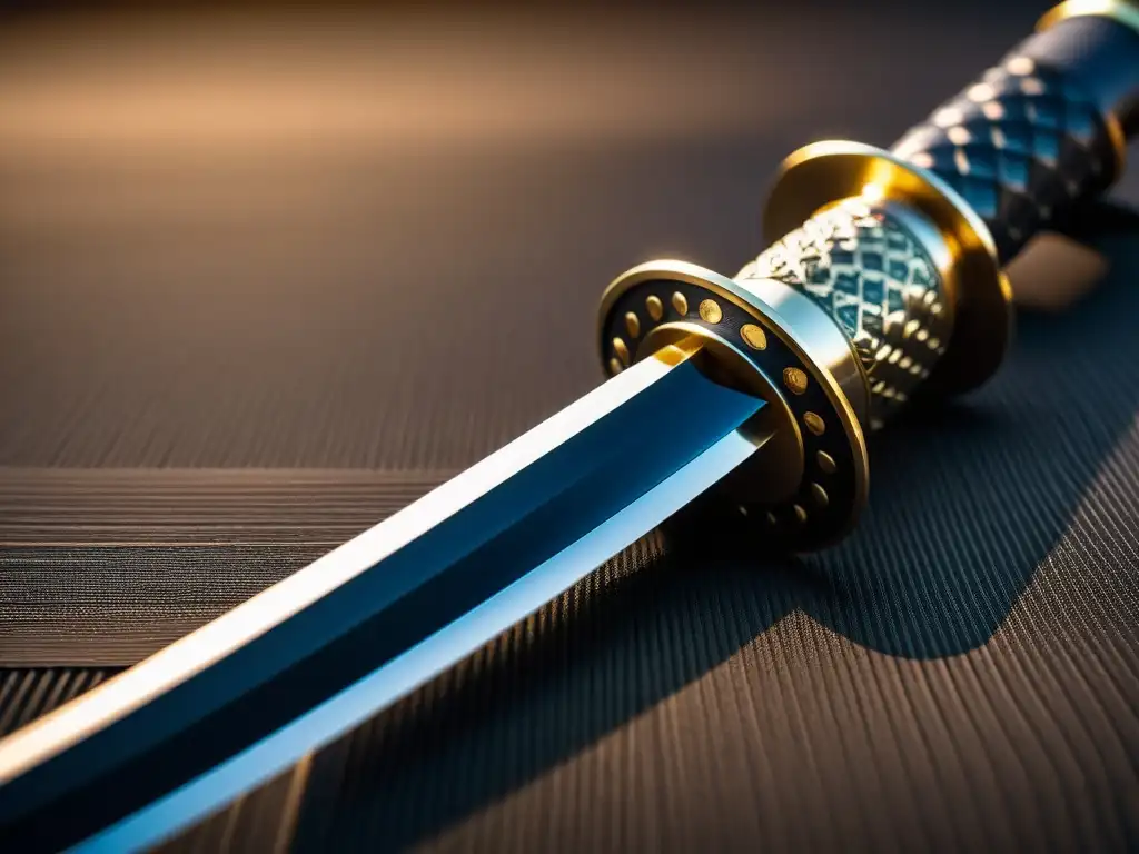 Una katana japonesa tradicional con detalles exquisitos, iluminada en contraste