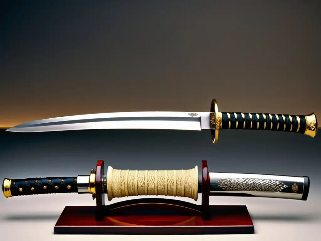 Una katana japonesa tradicional, con detalles ornamentados, envuelta en seda y con hoja de acero plegado