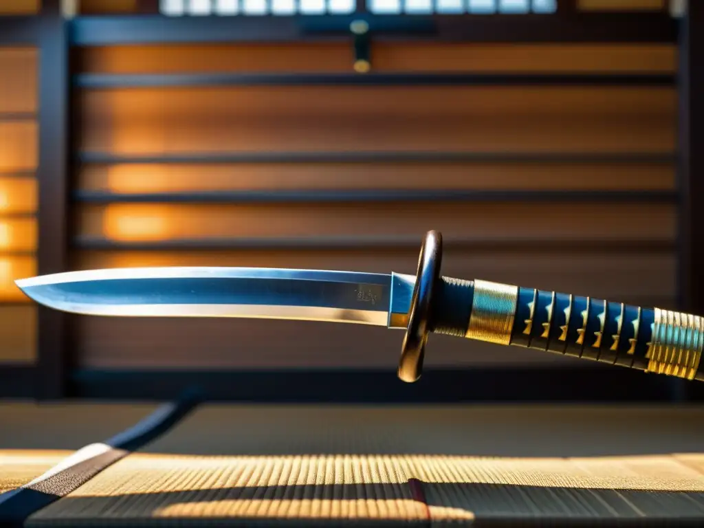 Una katana japonesa tradicional descansa en un dojo, rodeada de elementos samurái