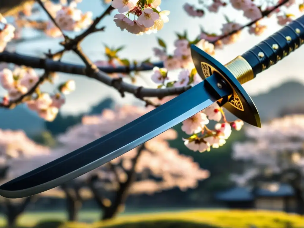 Una katana japonesa tradicional con grabados intrincados, mostrada entre cerezos en flor, evocando el legado cultural del samurái en cine y anime