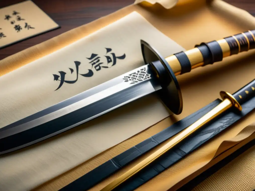 Una katana japonesa tradicional muestra historias grabadas en sus hojas, evocando arte y artesanía