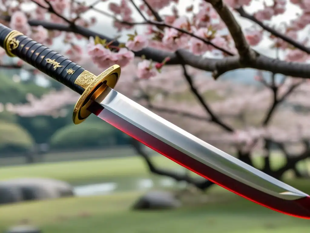 Una katana japonesa tradicional con hoja de acero pulido, ornamentos grabados y empuñadura de seda roja