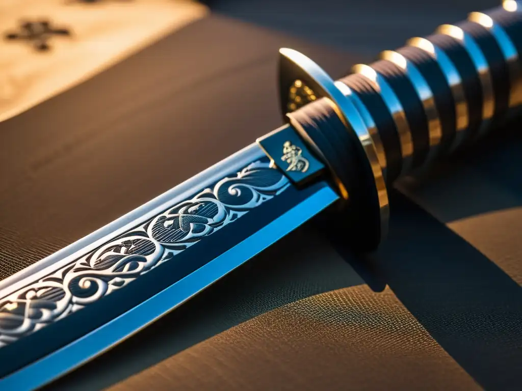 Una katana japonesa tradicional con intrincados diseños, parcialmente cubierta por una vaina adornada con símbolos samuráis