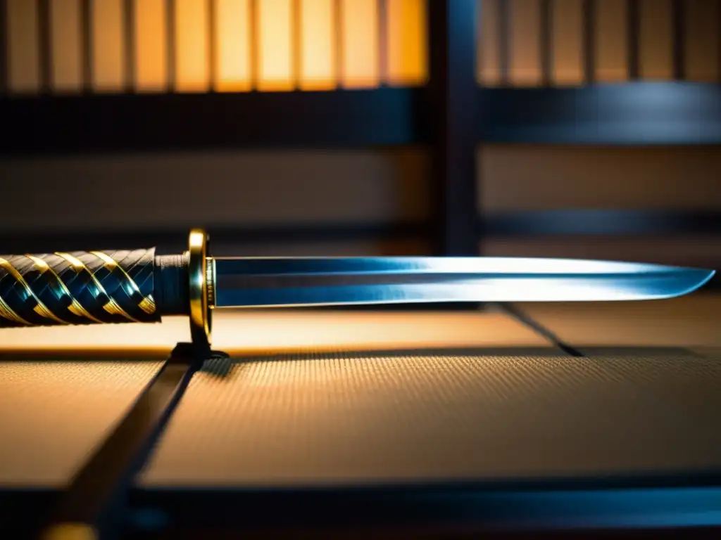 Una katana japonesa tradicional muestra misticismo samurái en su hoja brillante y la silueta enigmática al fondo