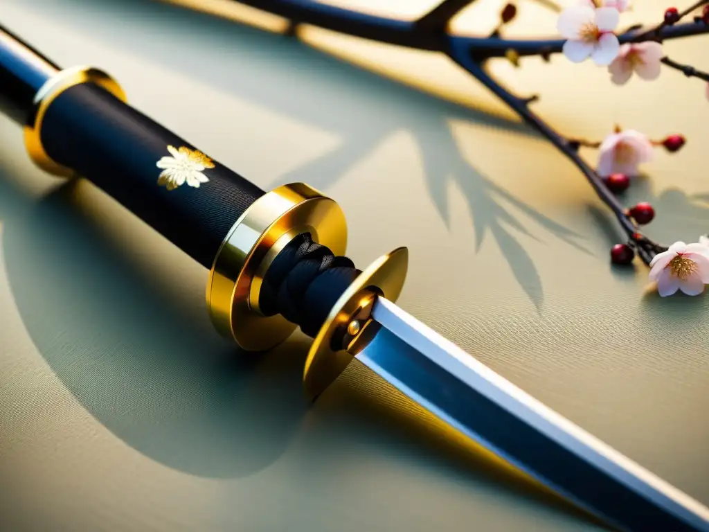 Una katana japonesa tradicional con patrón de ondas en la hoja, empuñadura de seda negra y tsuba de flores de cerezo