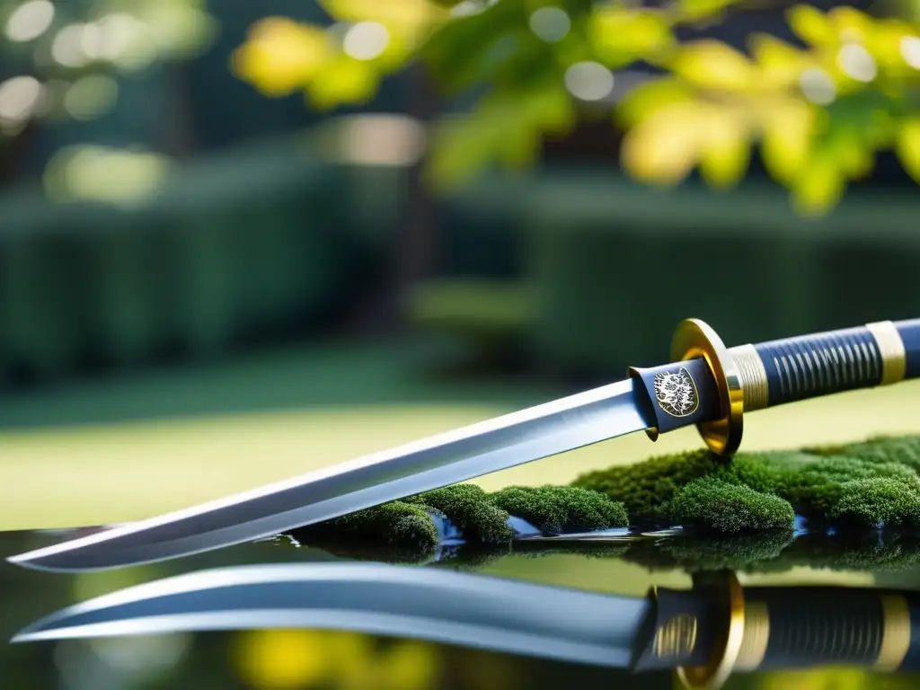 Una katana japonesa tradicional, con patrones de acero, en un sereno jardín japonés evocando la filosofía Bushido samurái