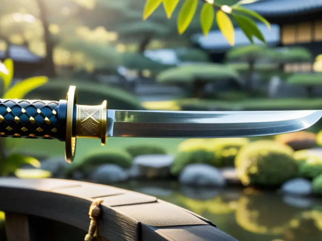 Una katana japonesa tradicional brilla bajo el sol, revelando un paisaje sereno