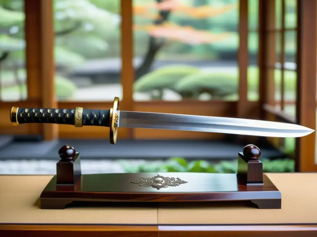 Una katana japonesa tradicional en un soporte de madera pulida, con intrincados grabados de dragones y una cuerda de seda alrededor del mango