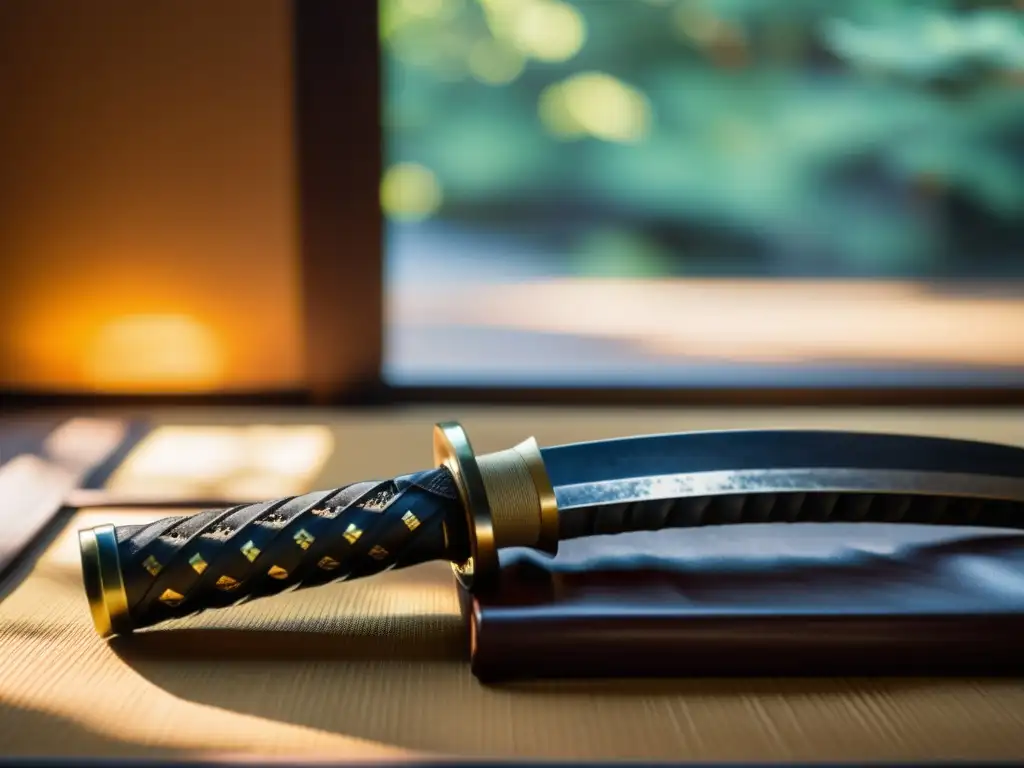 Una katana japonesa tradicional descansa en un soporte de madera, iluminada por luz natural, evocando la decadencia del Shogunato Tokugawa