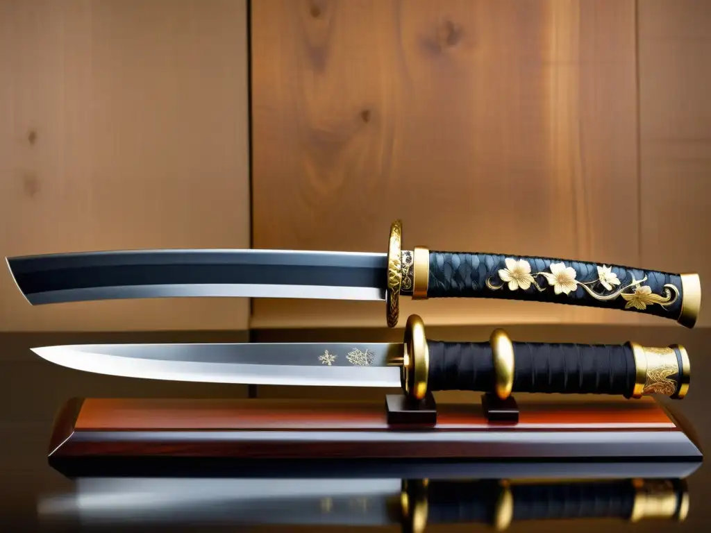 Una katana japonesa tradicional reposa sobre un soporte de madera, con grabados florales y de dragón