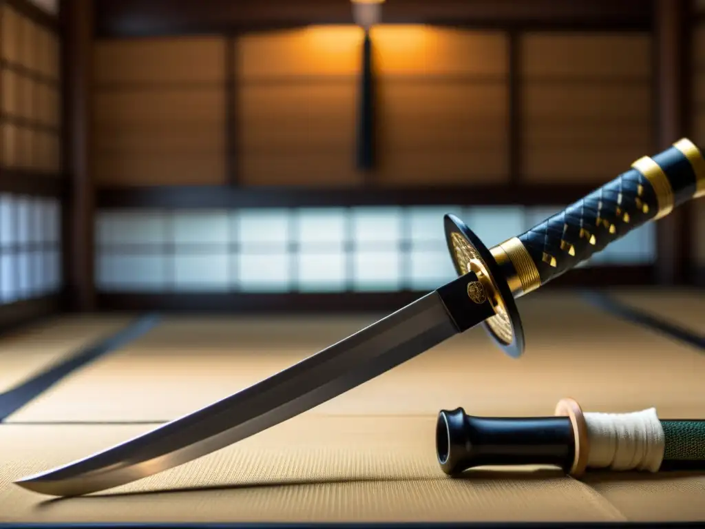 Una katana japonesa tradicional se destaca en la suave luz de un dojo