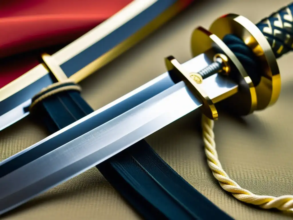 Katana samurái: belleza y poder en acero Una katana samurái con materiales inusuales muestra su hoja desenfundada y detalles en acero plegado