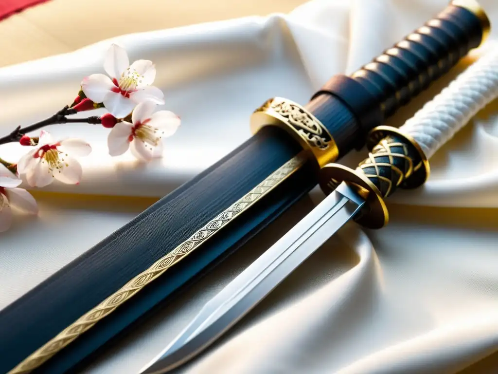 Una katana exquisitamente ornamentada descansa sobre un bolso de seda, bañada en luz suave