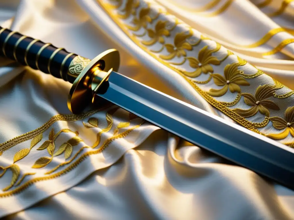 Una katana descansa sobre un paño de seda con bordado dorado, exudando elegancia y legado cultural samurái