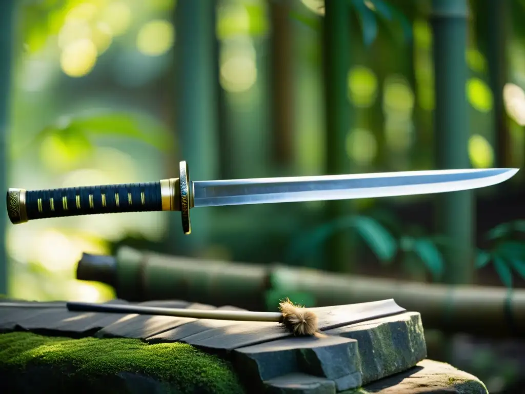 Una katana descansa sobre un pedestal de piedra en un bosque de bambú, con grabados que cuentan la historia de los samuráis