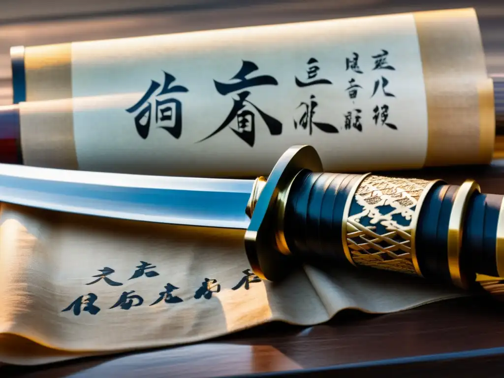 Una katana descansa sobre un pergamino antiguo, evocando el origen del Bushido ética samurái