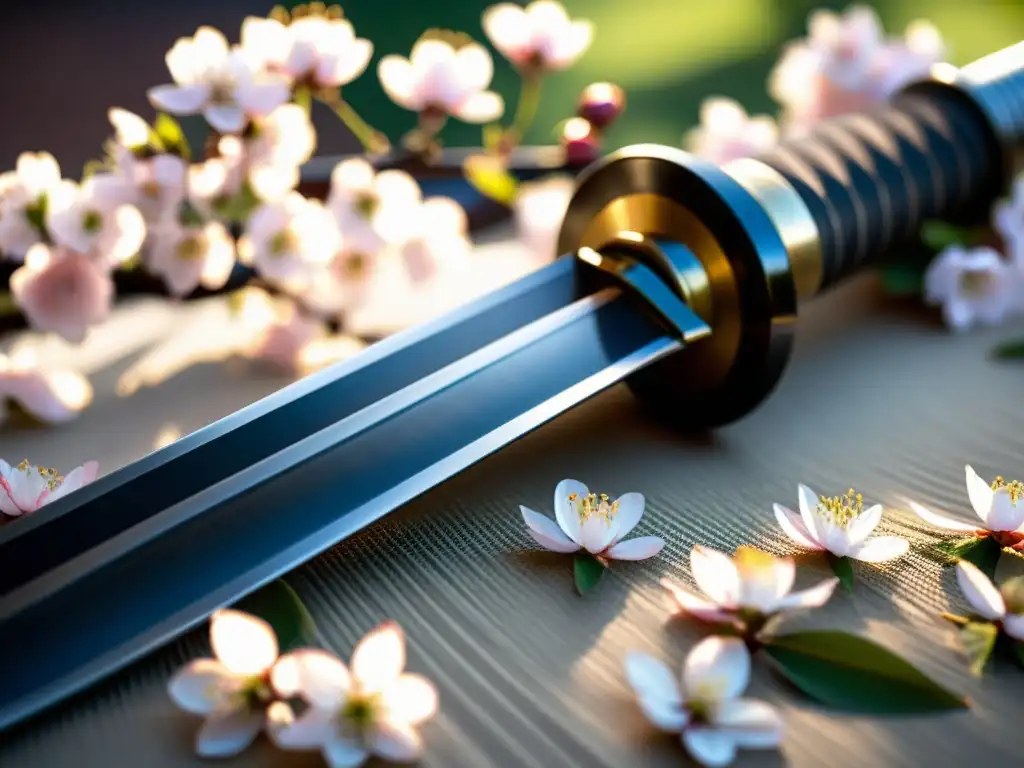 Un katana descansa sobre pétalos de cerezo, con patrón de acero y empuñadura de seda