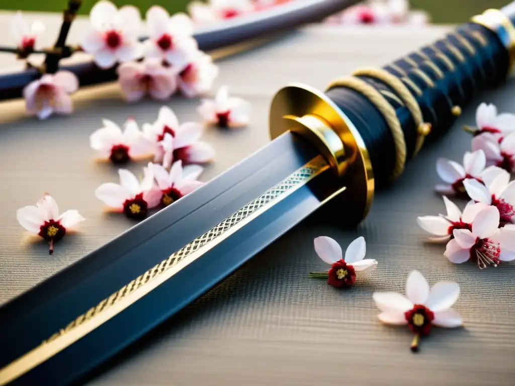 Una katana descansa sobre pétalos de cerezo, evocando belleza y peligro en los rituales samurái sobre la muerte