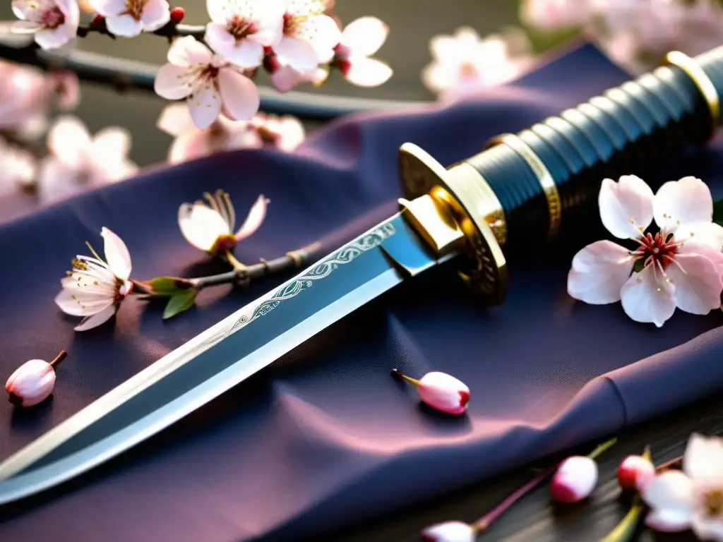 Una katana descansa sobre pétalos de cerezo, representando la crianza y educación futuros samuráis en la tradición y belleza de su artesanía