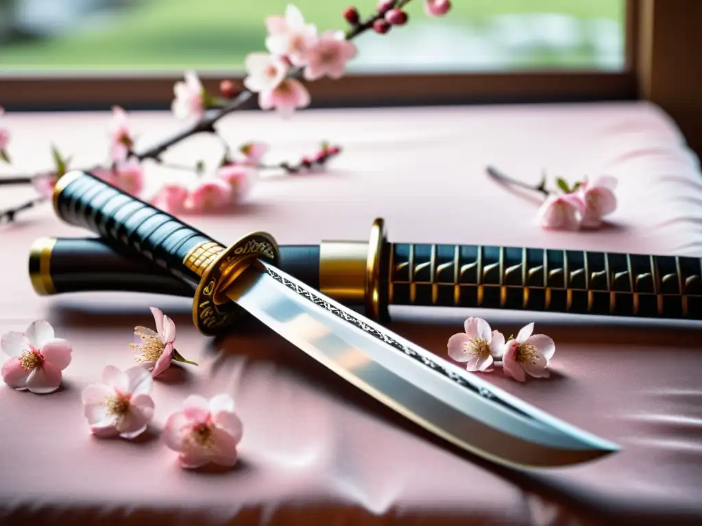 Una katana descansa sobre pétalos de cerezo, reflejando su suave rosa