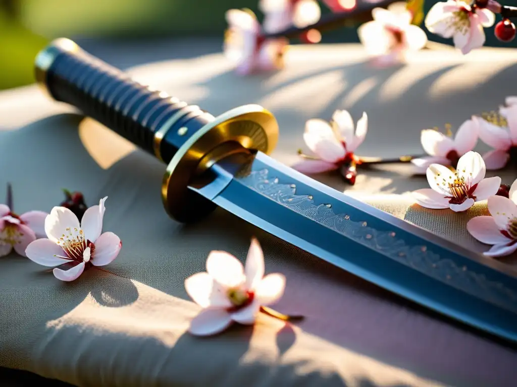 Una katana descansa sobre pétalos de flor de cerezo, destacando la belleza del haiku en cultura samurái