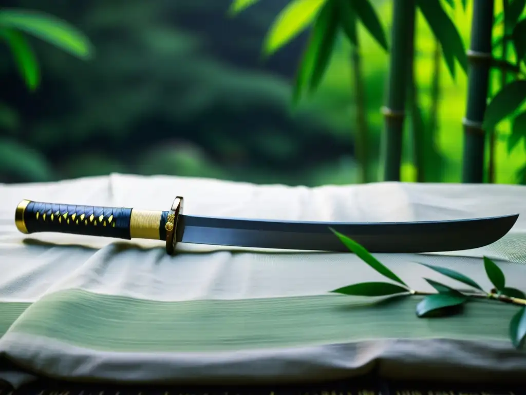 Una katana descansa sobre piedras con bambú y montaña neblinosa al fondo, reflejando la conexión de elementos y la filosofía samurái