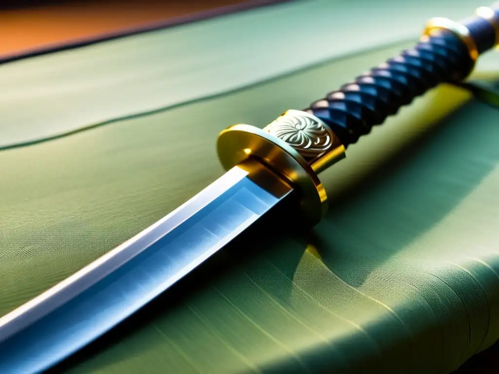 Una katana descansa en su saya, con intrincados detalles y un elegante tsuka