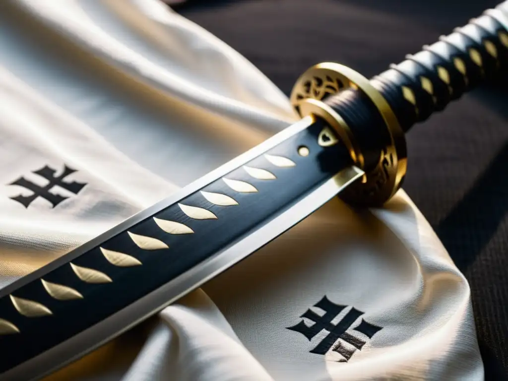 Una katana descansa sobre una seda con caligrafía japonesa, mostrando la maestría en su hoja