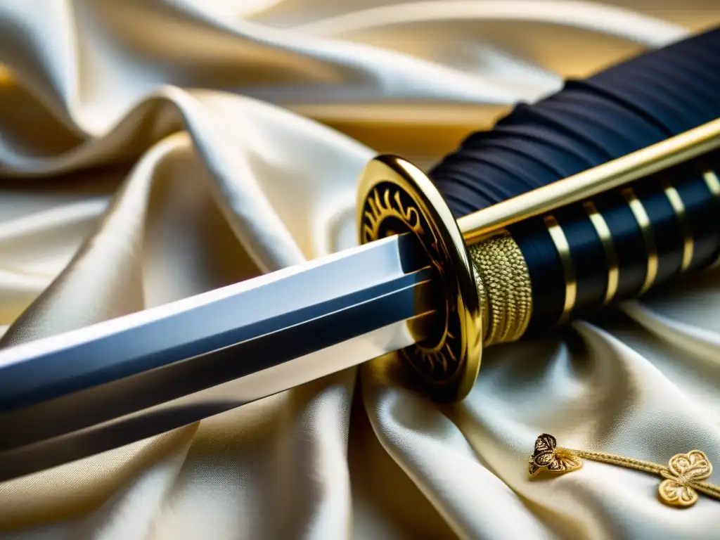 Una katana descansa sobre seda, con detalles exquisitos y patrón ondulado en el filo