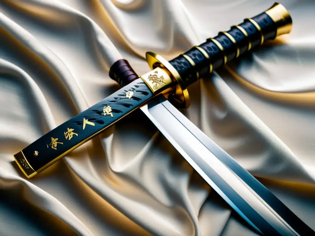 Una katana descansa sobre seda, con intrincados detalles y marcas kanji